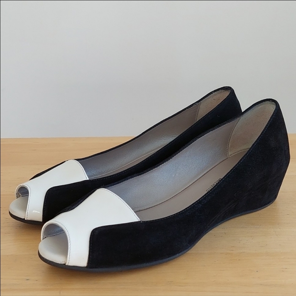 Aquatalia Open-toe Black / White Leather Wedges